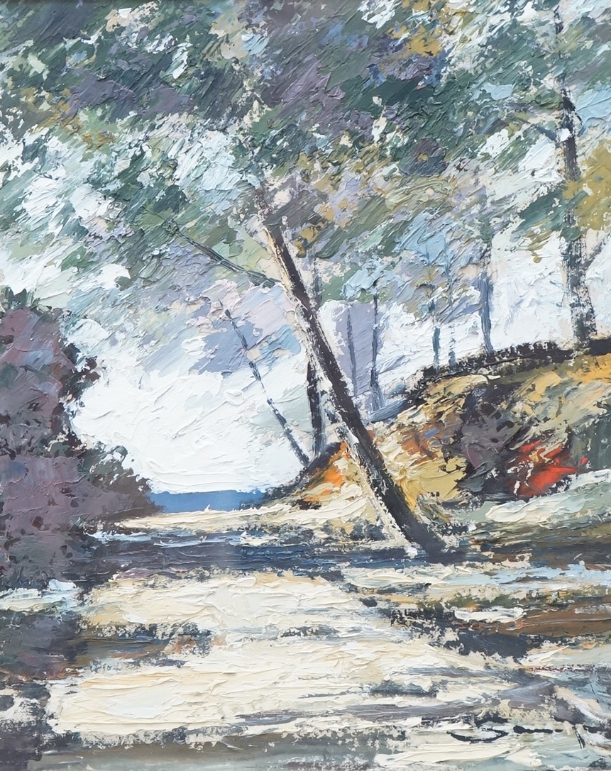 20th century school, pathway towards the sea, indistinctly signed lower right, impasto oil, 25 x 21cm